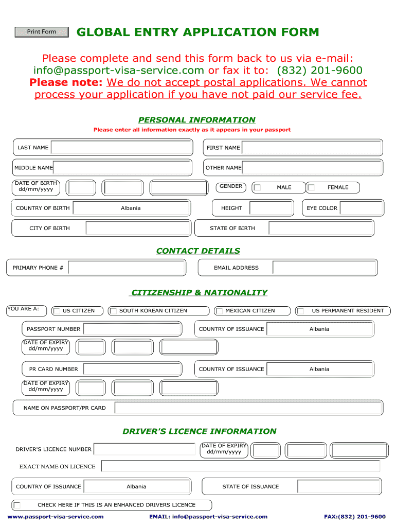  Global Entry Application Form PDF 2014