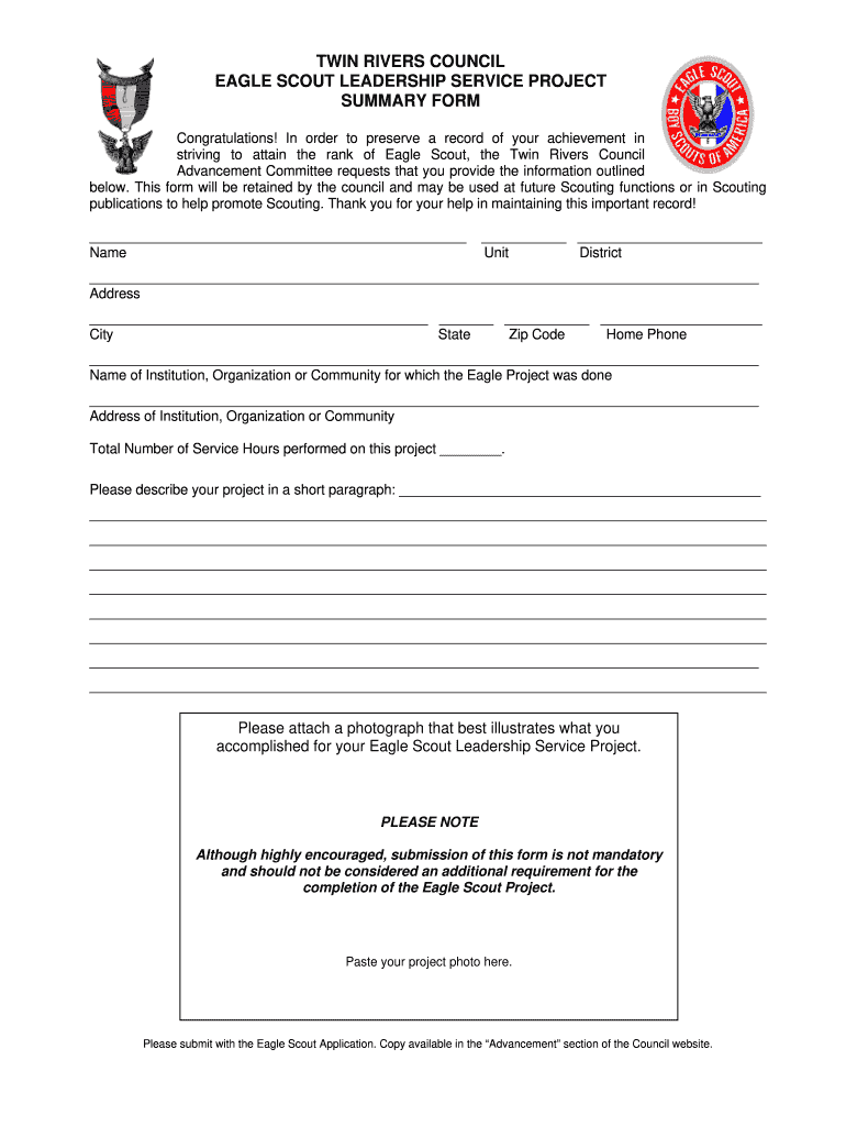 Twin Rivers Council Eagle Scout Leadership Service Project Summary Form