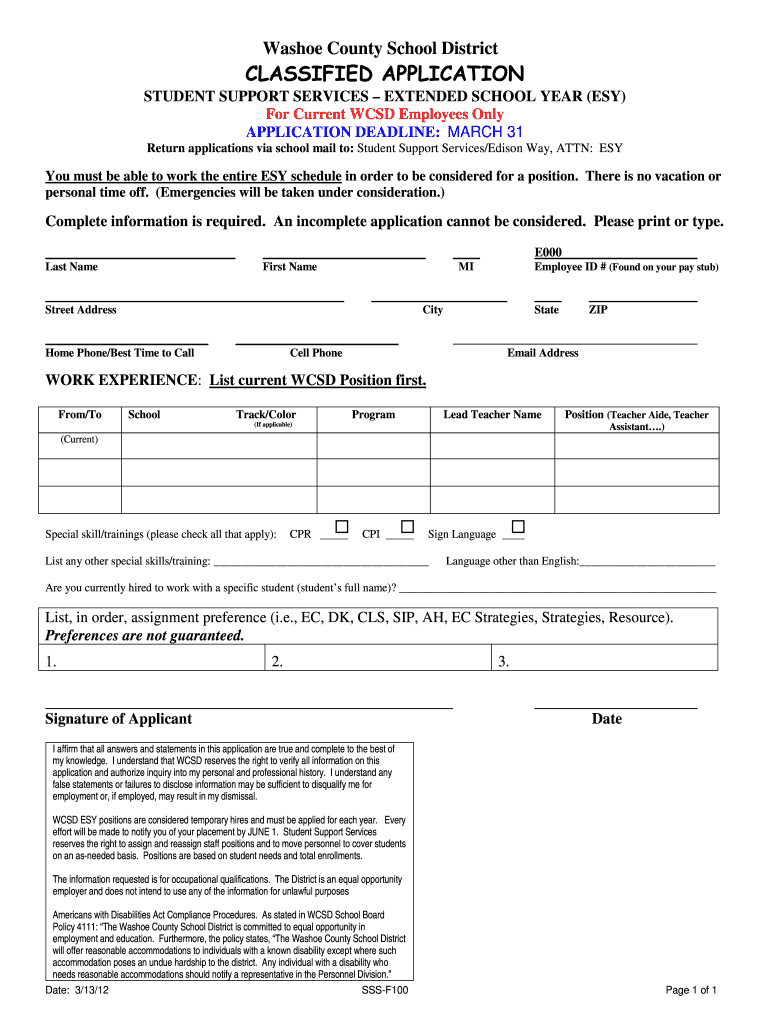 Classified Application  Washoe County School District  Form