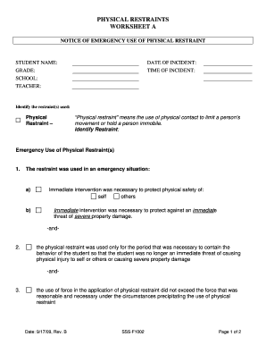 Physical Restraints Worksheet a Washoe County School District  Form