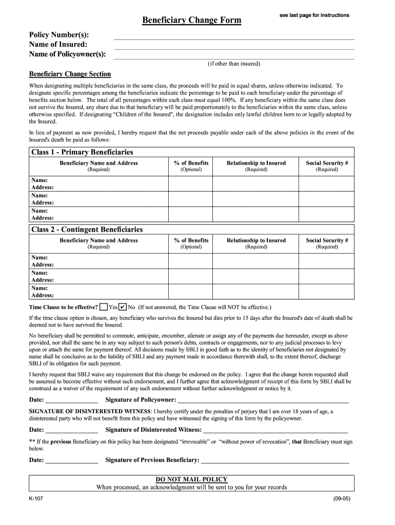  Sbli Beneficiary Change Form 2005-2023