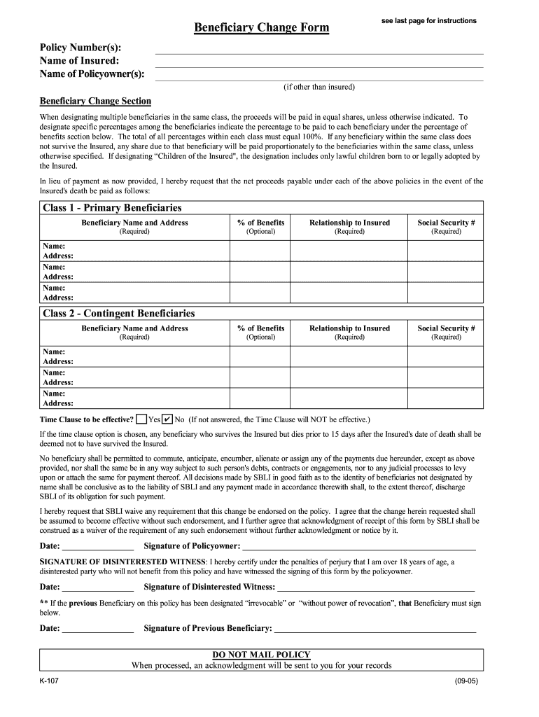  Sbli Beneficiary Change Form 2005-2024