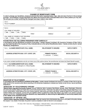 CHANGE of BENEFICIARY FORM Combined Insurance