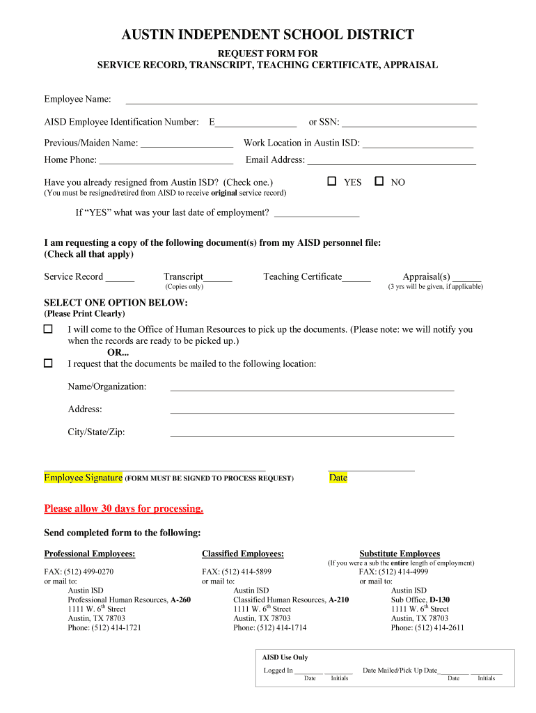 Service Record Request Form Austin ISD