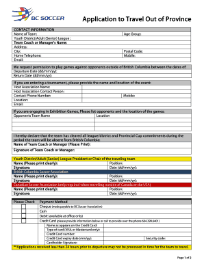  Application to Travel Out of Province BC Soccer 2014