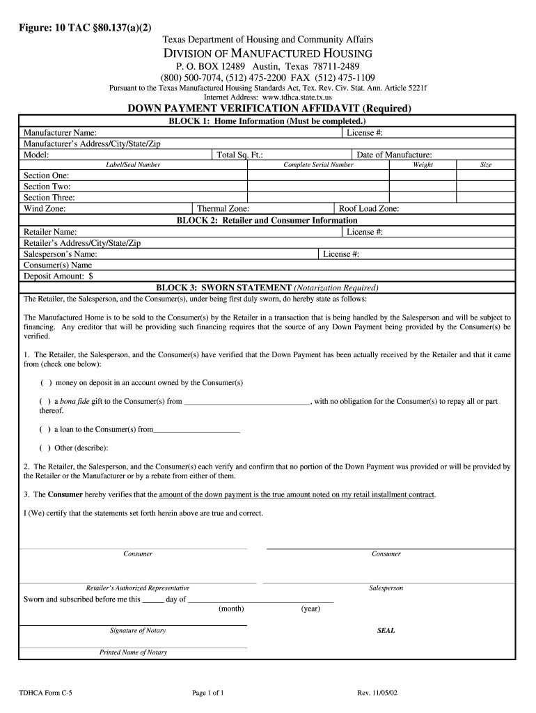 DOWN PAYMENT VERIFICATION AFFIDAVIT Manufactured Housing Form DOWN PAYMENT VERIFICATION AFFIDAVIT Manufactured Housing Form  T