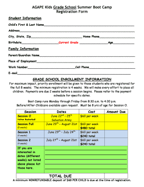 AGAPE Kids Grade School Summer Boot Camp Registration Form