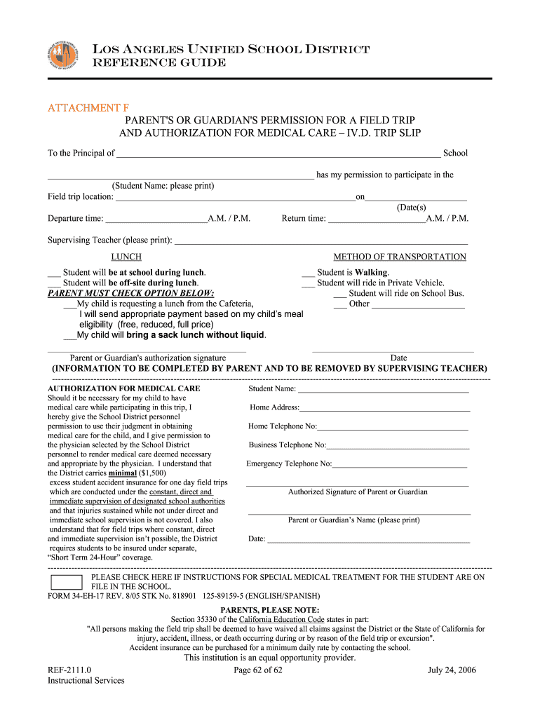  SOCES Field Trip Permission Slip  Los Angeles Unified School Bb 2006-2024