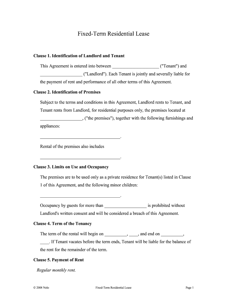 Fixed Term Residential Lease  Form