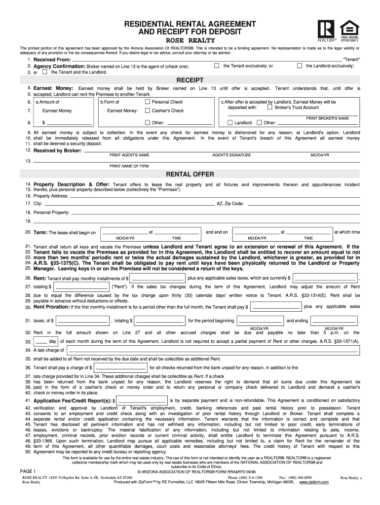 Residential Rental Agreement and Receipt for Deposit Rose Realty  Form