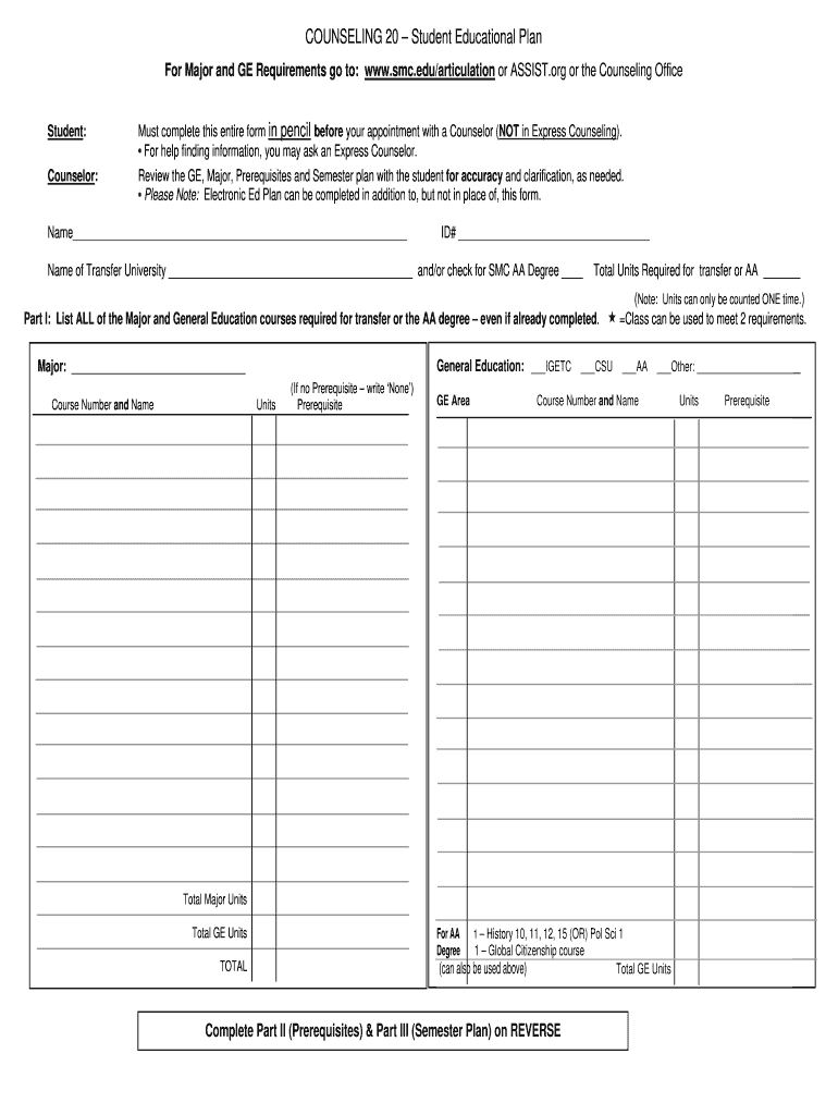 COUNSELING 20 Student Educational Plan Smc  Form