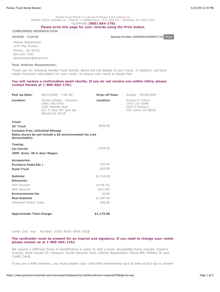 Penske Truck Rental Receipt  Form