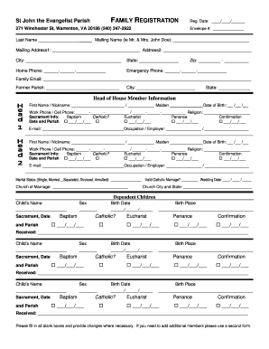 Parish Registration Form St John the Evangelist Catholic Church