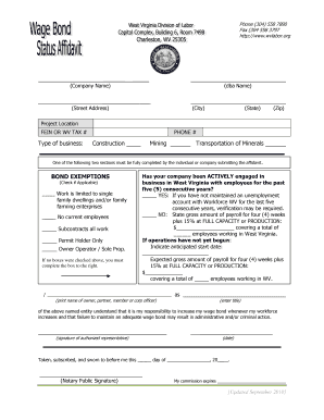 Wage Bond Status Affidavit West Virginia Division of Labor  Form