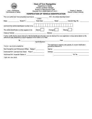 Vin Verification Form the Town of Thornton New Hampshire