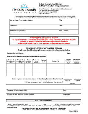  Certified Verification of Experience Form DeKalb County Schools Dekalb K12 Ga 2013