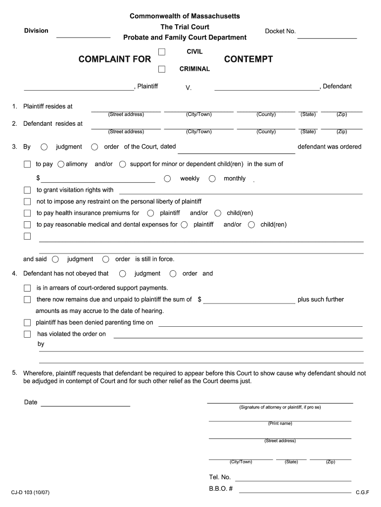 Massachusetts Contempt Form