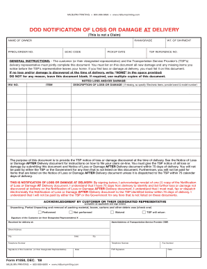 Dod Notification of Loss or Damage at Delivery Global Claim Service  Form