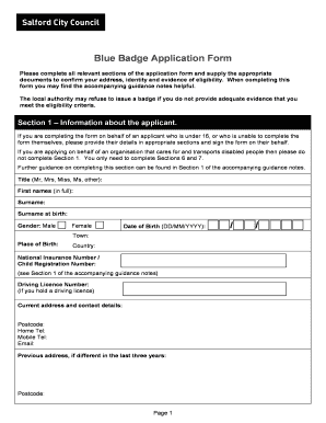 Salford Council Blue Badge  Form