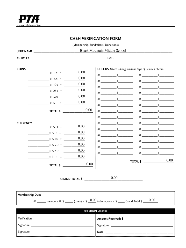  Pta Cash Verification Form 2005-2024