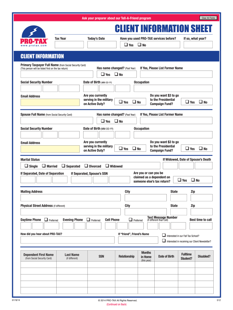  Tax Client Information Sheet Template 2014-2024