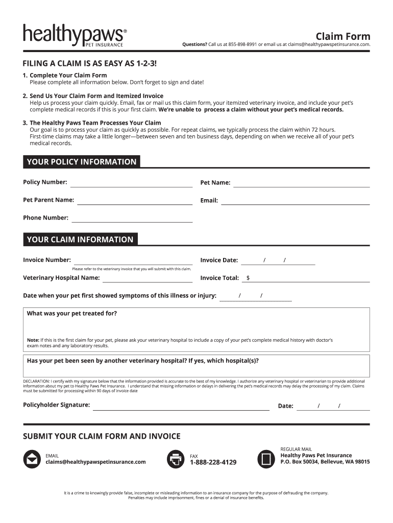 Healthy Paws Claim Form