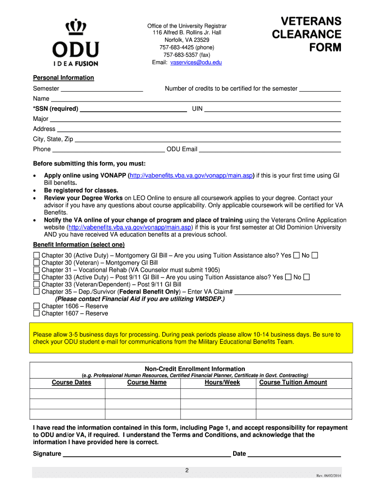  Veterans Clearance Form PDF  Old Dominion University  Odu 2014