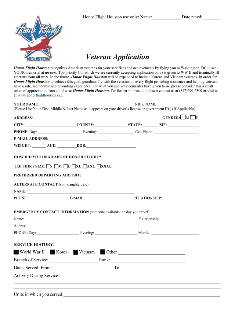 Veteran Application  Honor Flight Houston  Honorflighthouston  Form