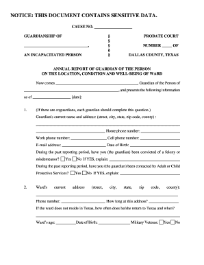 Annual Report Form for Guardian Filing Individually Dallas County Dallascounty