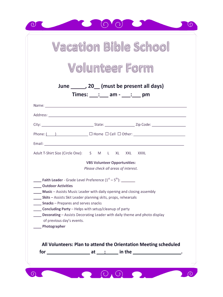 Get and Sign Printable Volunteer Form for Bible School