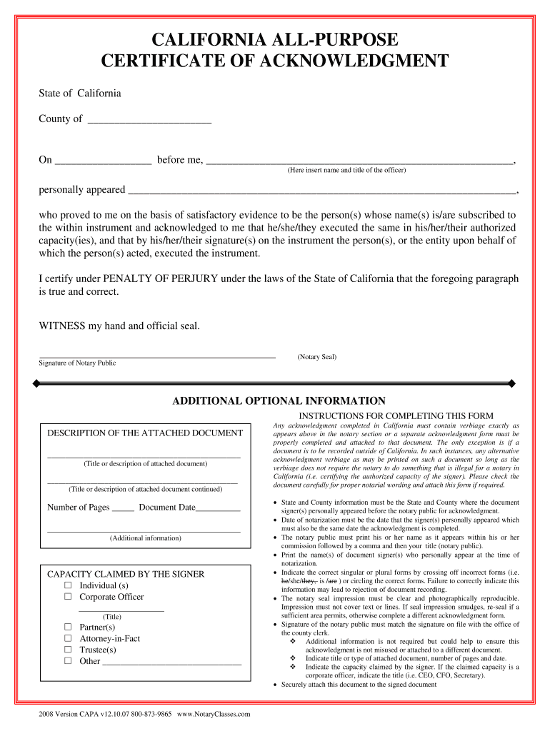  All Purpose Acknowledgement Form 2008