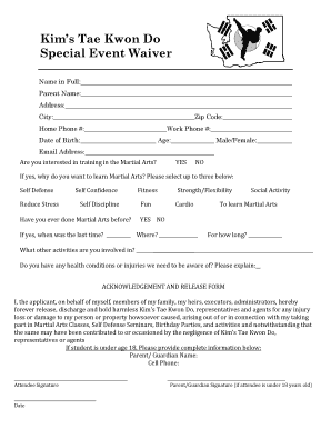 Kim&amp;#39;s Tae Kwon Do Special Event Waiver Net  Form
