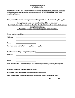 Complaint Form American Psychological Association Apa