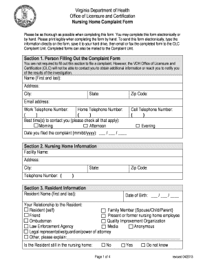Virginia Nursing Home Complaints  Form