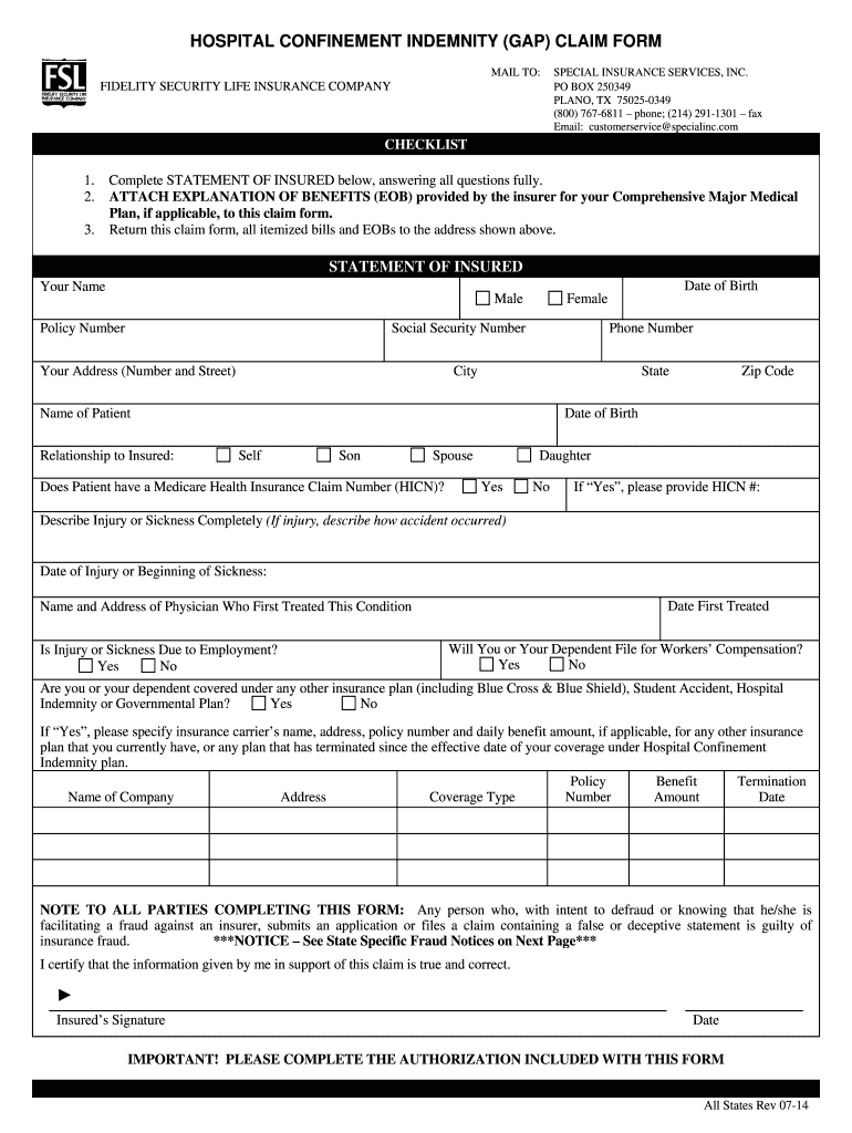  Claim Form  Special Insurance Services 2014