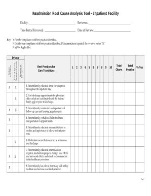Readmission Root Cause Analysis Tool in Patient Facility Readmissions Work Sheet  Form