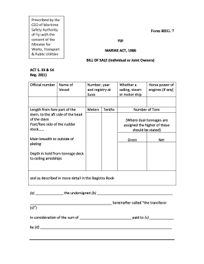 Form REG 7 FIJI MARINE ACT, 1986 BILL of SALE MSAF