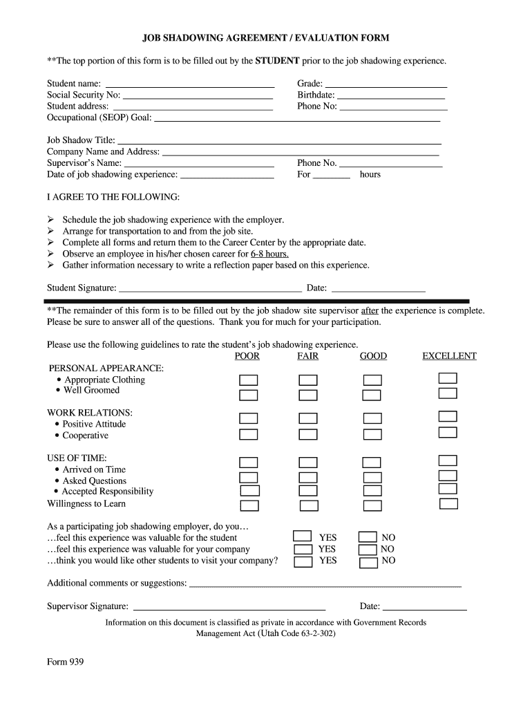 JOB SHADOWING AGREEMENT EVALUATION FORM **The Top