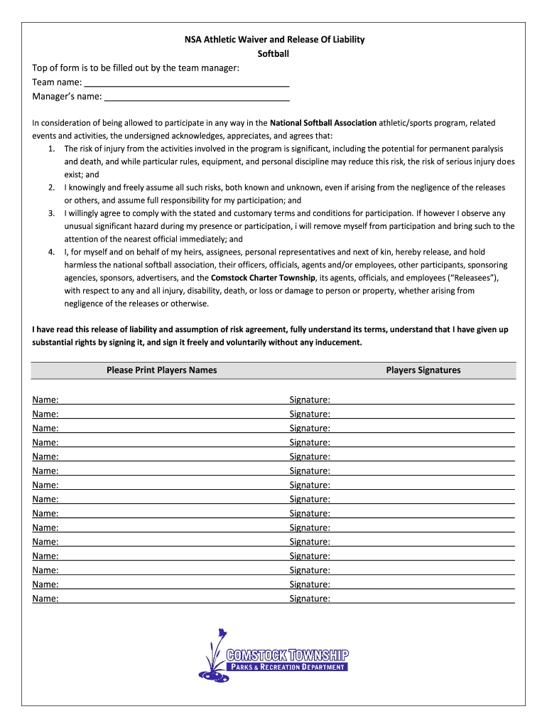 Softball Waiver Form