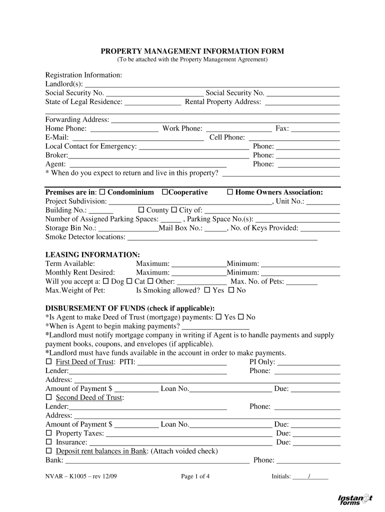 Get and Sign PROPERTY MANAGEMENT INFORMATION FORM to Be Attached with the 2009-2022