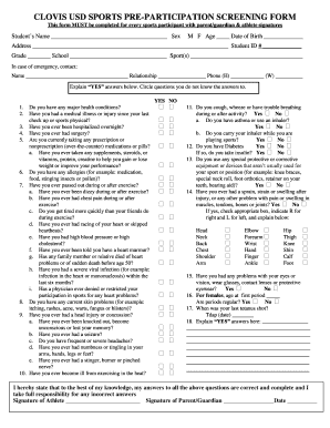 Clovis Usd Sports Pre Participation Screening Form