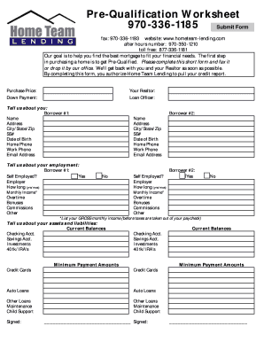 Pre Fill Pre Qualification Worksheet  Form
