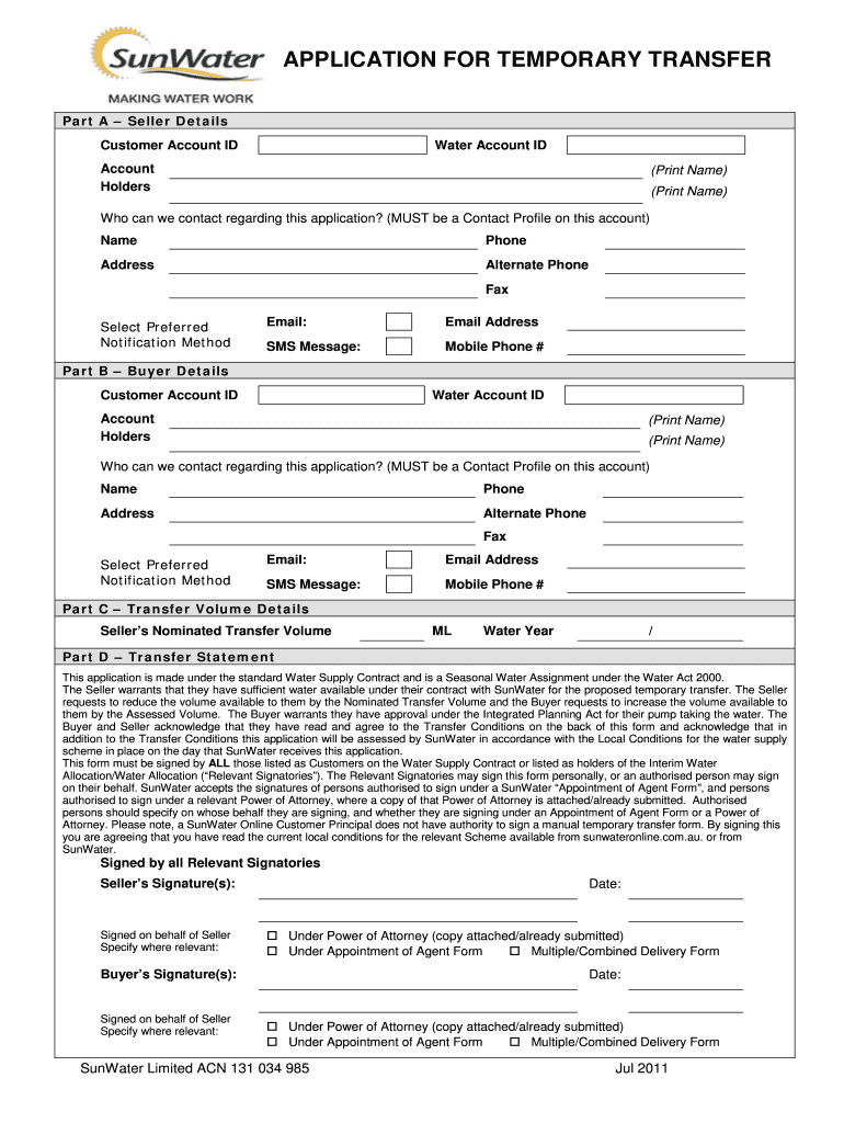  Temporary Transfer Form  SunWater 2011