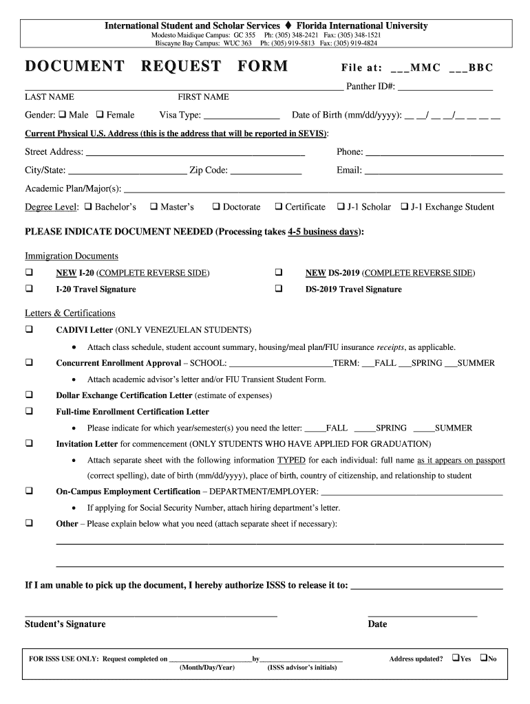  Document Request Form International Student and Scholar Services Isss Fiu 2013-2024