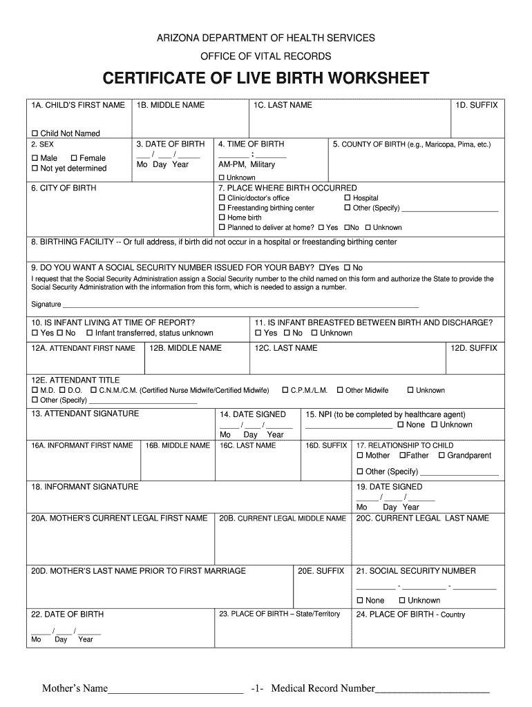 Certificate of Live Birth Arizona  Form