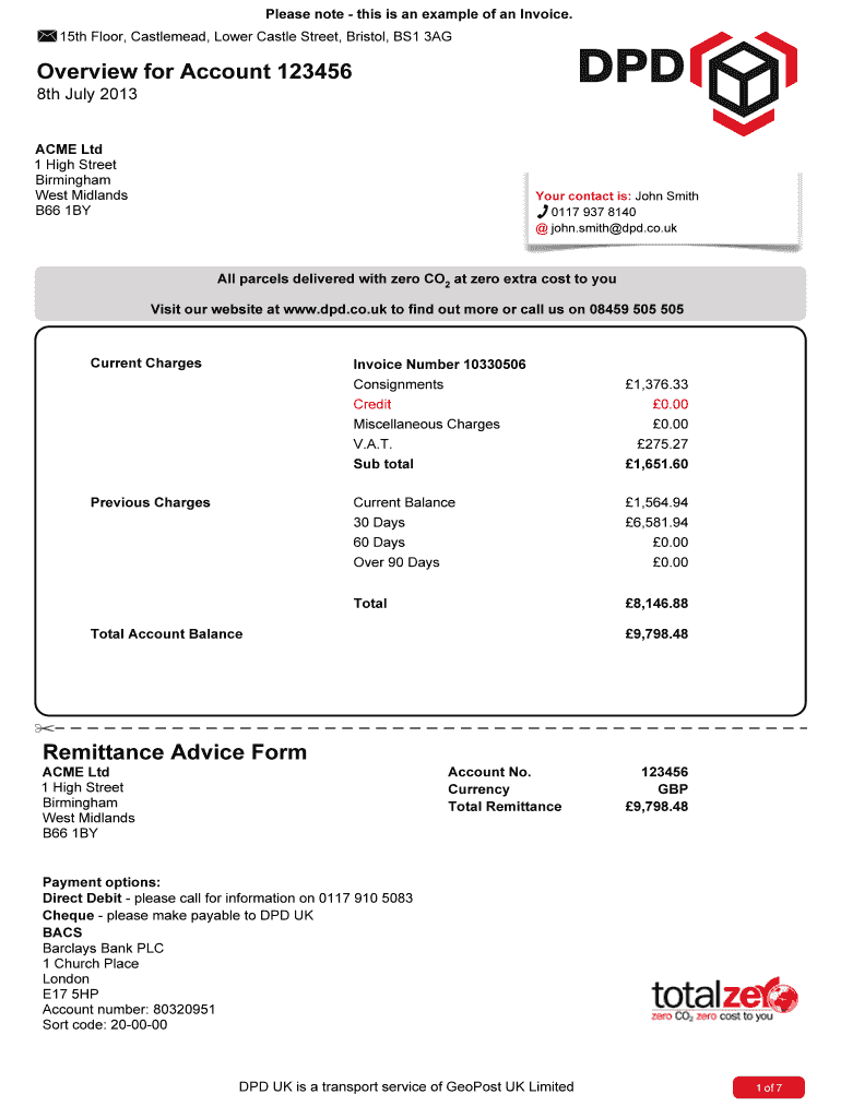 Remittance Advice Form Overview for Account 123456 DPD