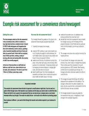 Example Risk Assessment for a Convenience Storenewsagent  Form