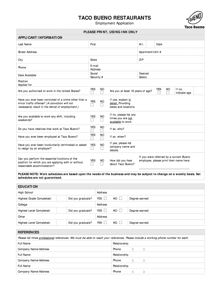 Taco Bueno Application  Form