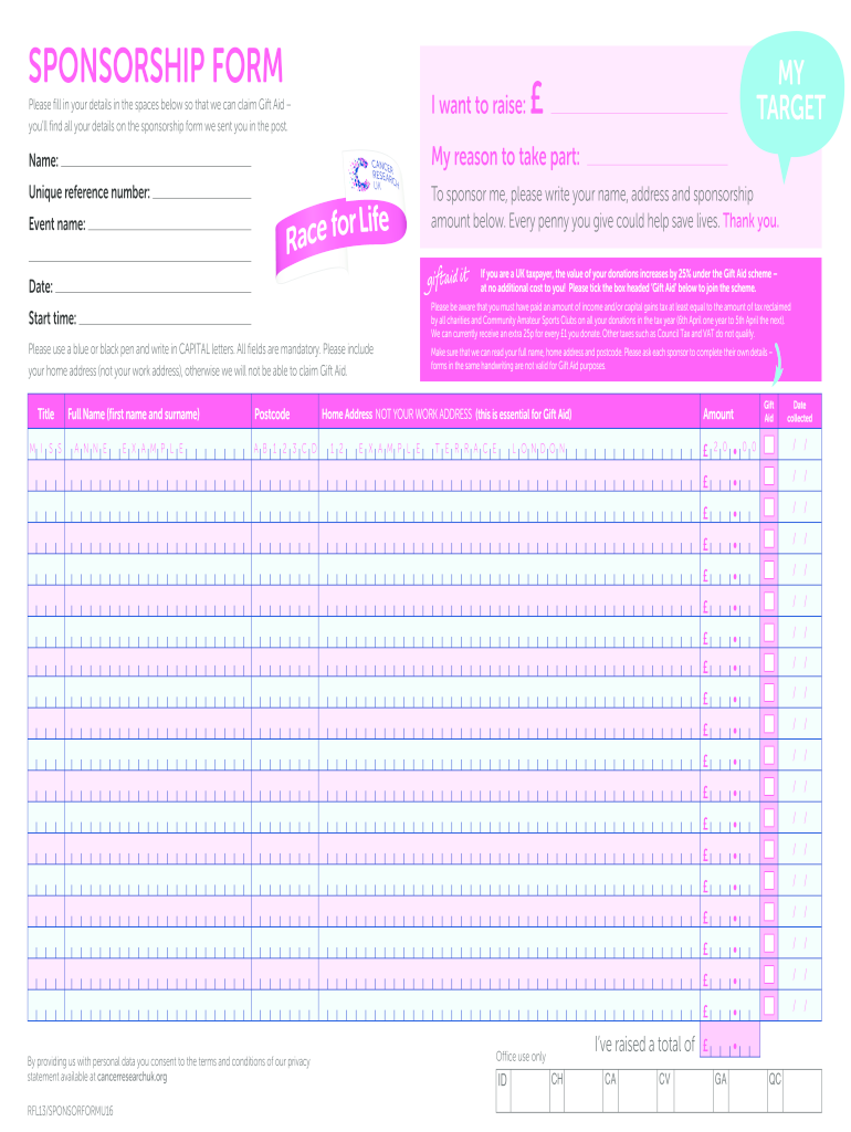  Race for Life Sponsor Form 2012-2024