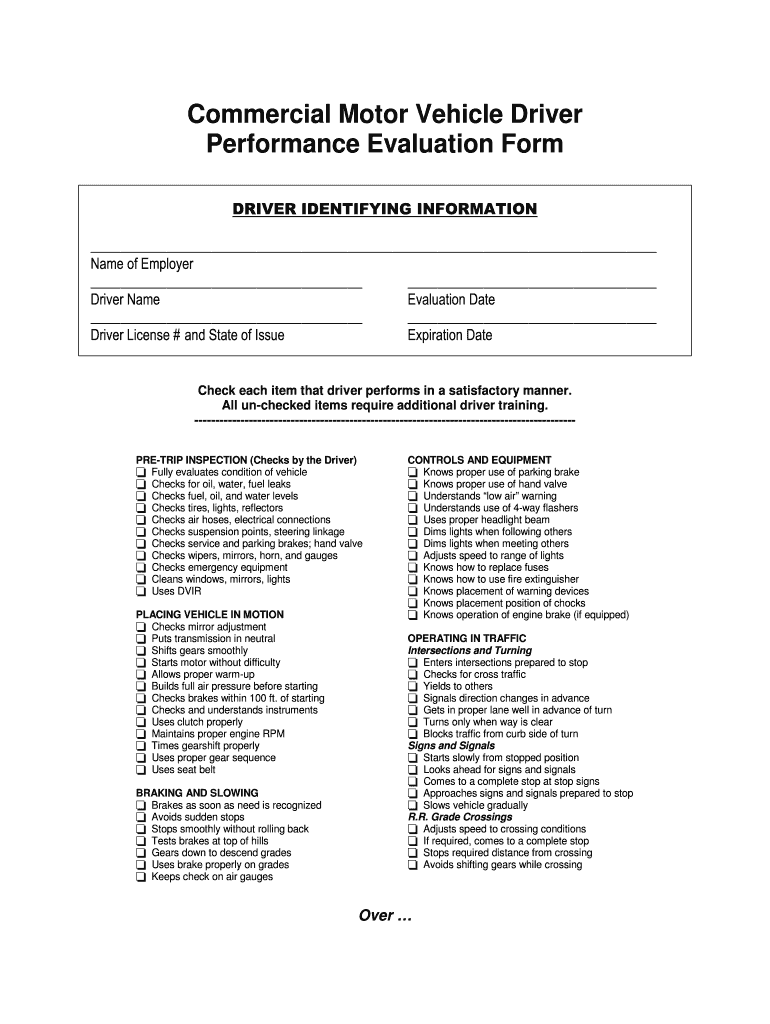 Commercial Motor Vehichle Driver Performance Form